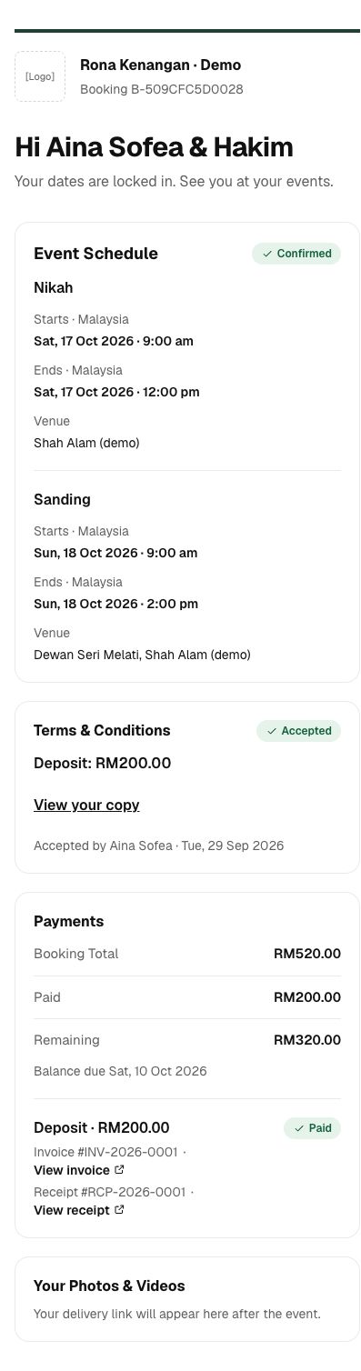 Demo client portal for Aina and Hakim: confirmed Nikah and Sanding schedules, accepted terms, RM520 total, RM200 paid and RM320 remaining.